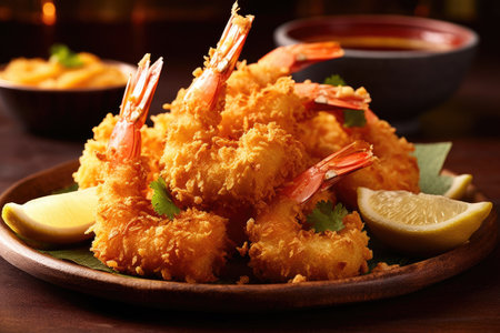 Floured fried shrimp ready to serve in the kitchen table professional advertising food photographyの素材