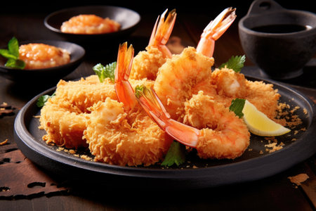 Floured fried shrimp ready to serve in the kitchen table professional advertising food photographyの素材
