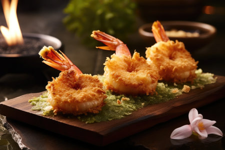 Floured fried shrimp ready to serve in the kitchen table professional advertising food photographyの素材