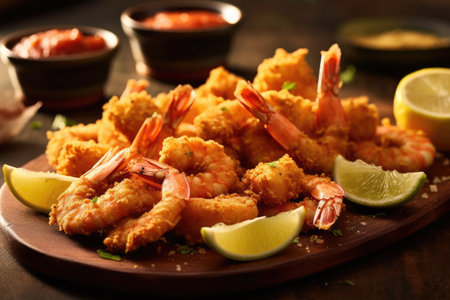 Floured fried shrimp ready to serve in the kitchen table professional advertising food photographyの素材
