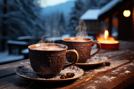 Two cups of coffee on a wooden table in the background of a winter landscape.の素材