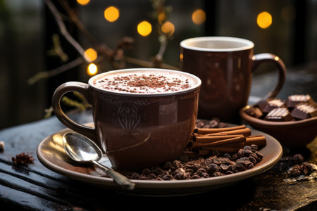 Cup of hot cocoa with marshmallow and cinnamon on wooden backgroundの素材