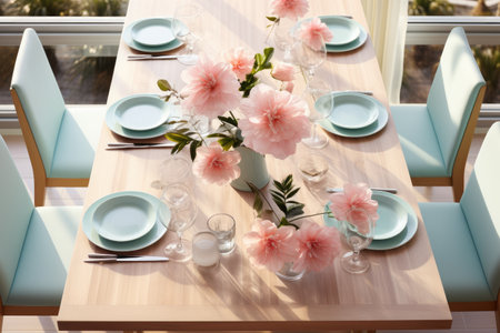 a top view photo of a table set in dining room professional advertising photographyの素材