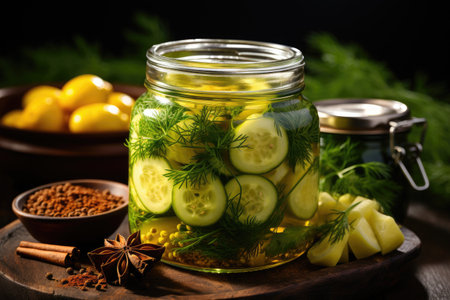pickled cucumbers in a jar ready to be served professional advertising food photographyの素材