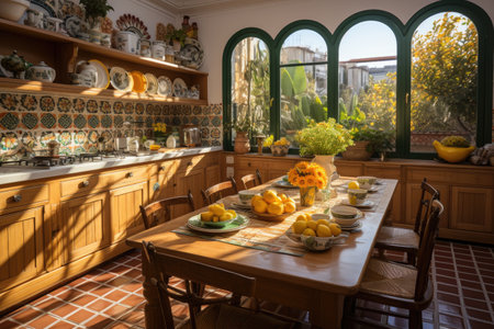 exposed moroccan tiles in the dining room professional advertising photographyの素材