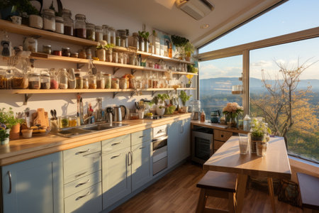 At the kitchen there is a long horizontal window professional advertising photographyの素材