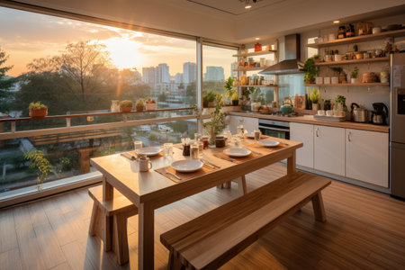 At the kitchen there is a long horizontal window professional advertising photographyの素材