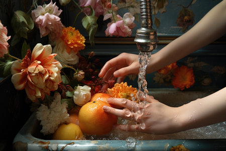 Hand wash fruits in tap water professional advertising food photographyの素材