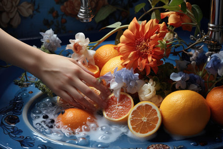 Hand wash fruits in tap water professional advertising food photographyの素材