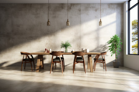 Bright dining room with concrete walls professional advertising photographyの素材