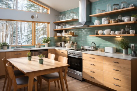 in a small kitchen with a table professional advertising photographyの素材