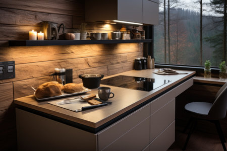 in a small kitchen with a table professional advertising photographyの素材