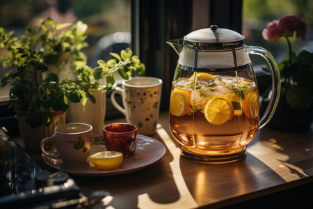 A modern kettle steams tea on a comfortable dining table professional advertising food photographyの素材