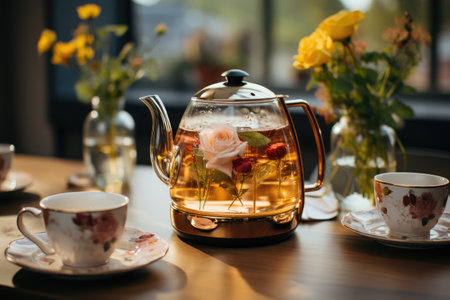 A modern kettle steams tea on a comfortable dining table professional advertising food photographyの素材