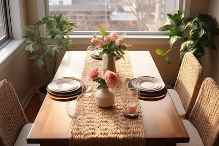 dining room small table with woven jute tablecloth professional advertising photographyの素材