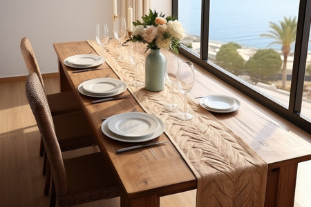 dining room small table with woven jute tablecloth professional advertising photographyの素材