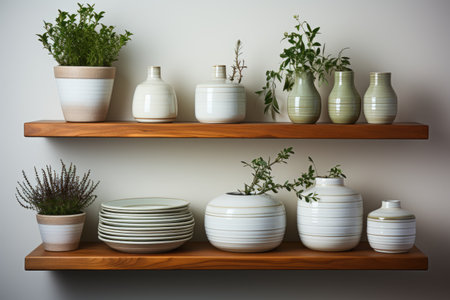 white walls with kitchen utensil shelves professional advertising photographyの素材