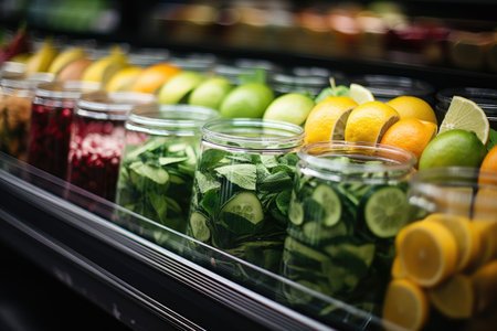 Fresh organic drinking water in supermarket refrigerator professional advertising food photographyの素材