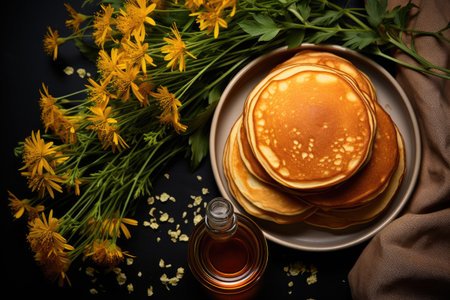 pancakes isolated kitchen table background professional advertising food photographyの素材