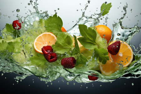 Fragments of fruit and vegetables fall into the water professional advertising food photographyの素材