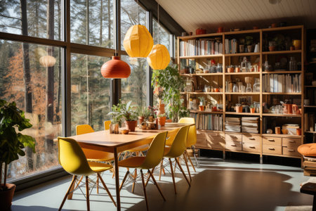 large and open scandinavian style dining room professional photographyの素材