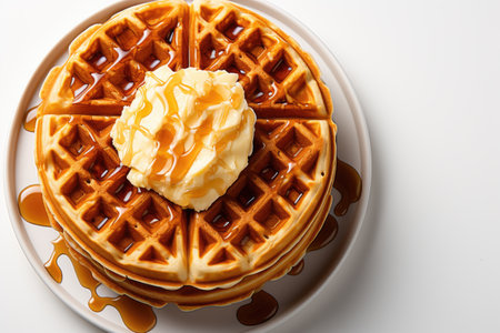 Belgian waffles with ice cream and caramel sauce on white backgroundの素材