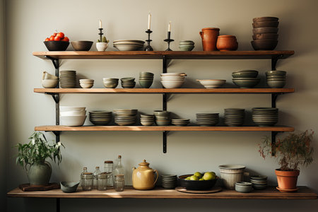 white walls with kitchen utensil shelves professional photographyの素材