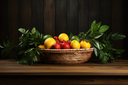 basket with fruits isolated kitchen table background professional advertising food photographyの素材