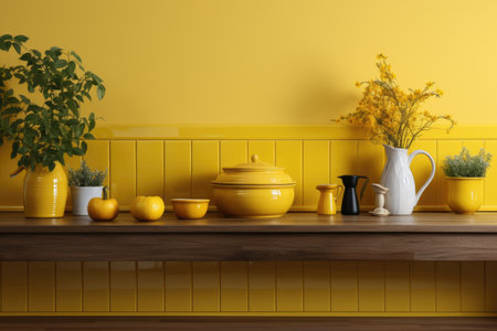 modern kitchen with yellow wall bright warm tone professional advertising photographyの素材