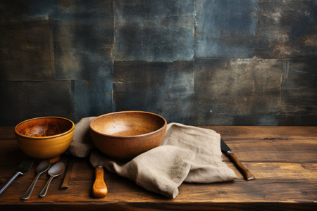 photo of food ingredients with a kitchen table background professional advertising food photographyの素材