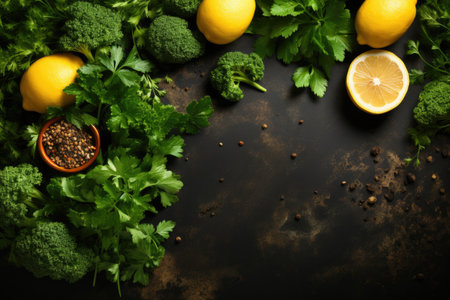 photo of food ingredients with a kitchen table background professional advertising food photographyの素材