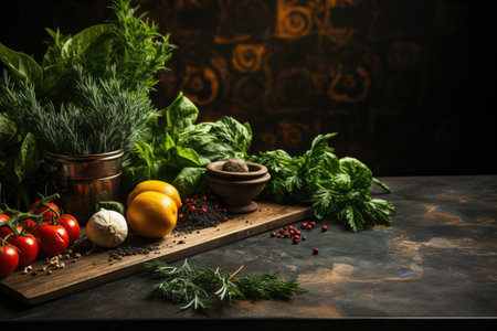 photo of food ingredients with a kitchen table background professional advertising food photographyの素材