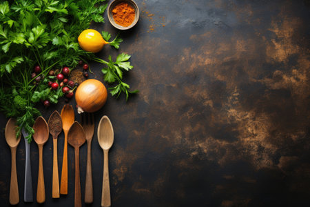 photo of food ingredients with a kitchen table background professional advertising food photographyの素材