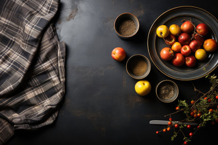 photo of food ingredients with a kitchen table background professional advertising food photographyの素材