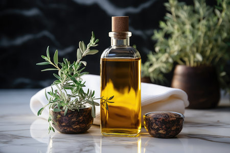 stock photo of tree tea oil extract in the kitchen table professional advertising food photographyの素材