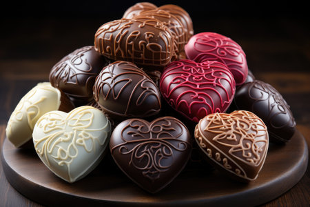 Various heart shaped assortment chocolates ready to be served professional advertising food photographyの素材