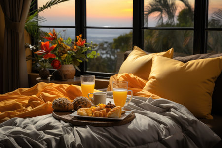 breakfast on the bed table professional advertising food photographyの素材