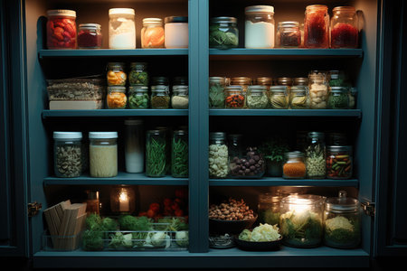 Jars with different spices and herbs in pantry, closeupの素材