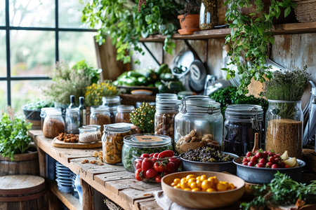 Rustic kitchen with variety of organic vegetables and fruits in jars.の素材