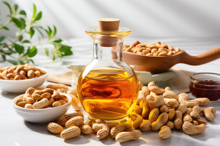 stock photo of peanut oil extract in the kitchen table professional advertising food photographyの素材