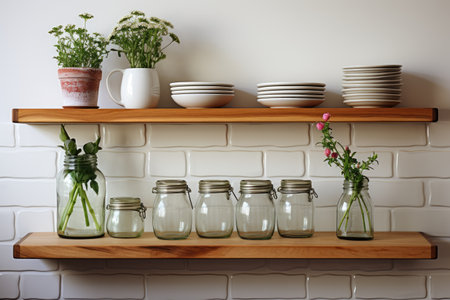 kitchen utensils on the shelves white wall minimalist design professional advertising photographyの素材