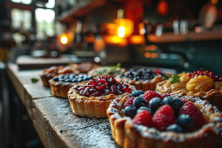 fresh tart is served at the kitchen table professional advertising food photographyの素材
