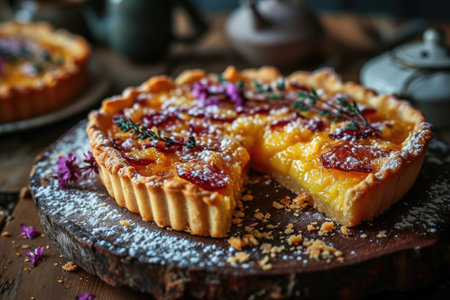 fresh tart is served at the kitchen table professional advertising food photographyの素材