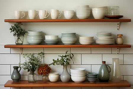 kitchen utensils on the shelves white wall minimalist design professional advertising photographyの素材