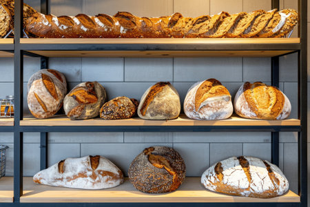 loaves in shelves of with kitchen concept of bread baking production professional advertising food photographyの素材