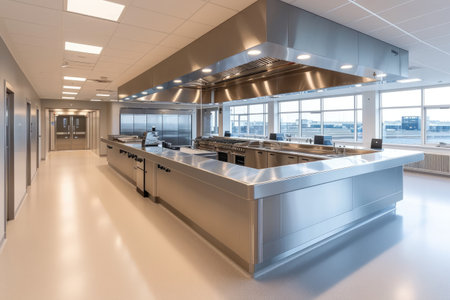 modern kitchen in the hospital canteen professional advertising photographyの素材