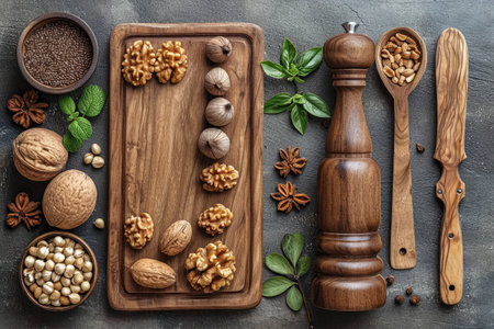 walnuts isolated kitchen table professional advertising food photographyの素材