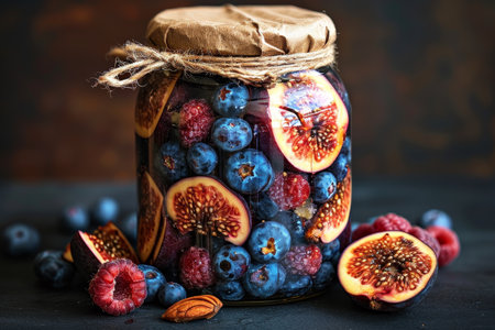 Pickled fruits and vegtables in kitchen table professional advertising food photographyの素材