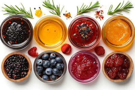 Pickled fruits and vegtables in kitchen table professional advertising food photographyの素材