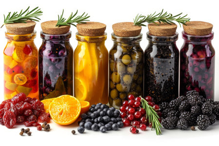 Pickled fruits and vegtables in kitchen table professional advertising food photographyの素材